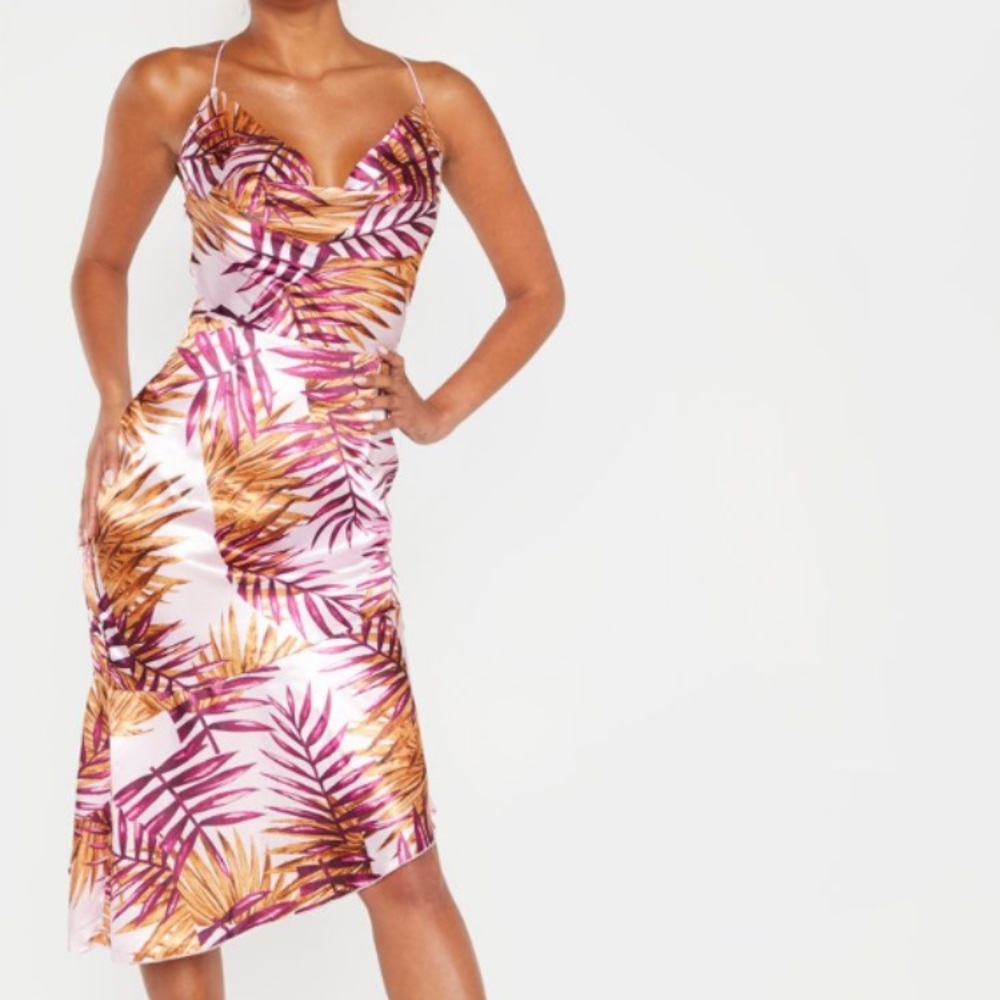Tropical Crow Neck Satin Dress